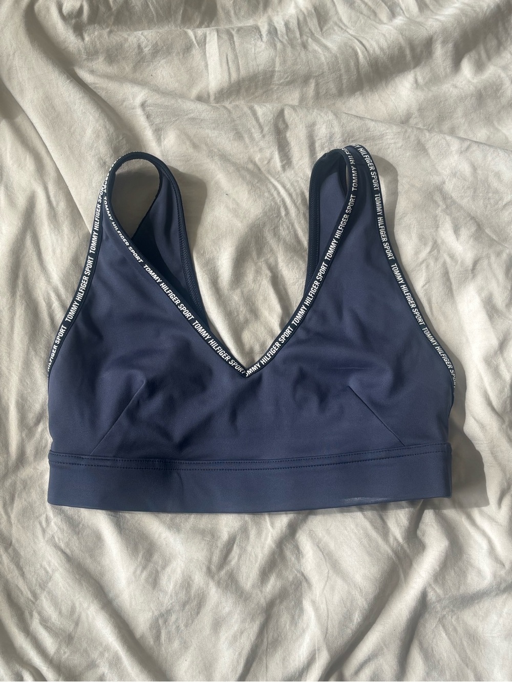 Tommy Hilfiger Navy V‑Neck Sports Bra with Branded Trim